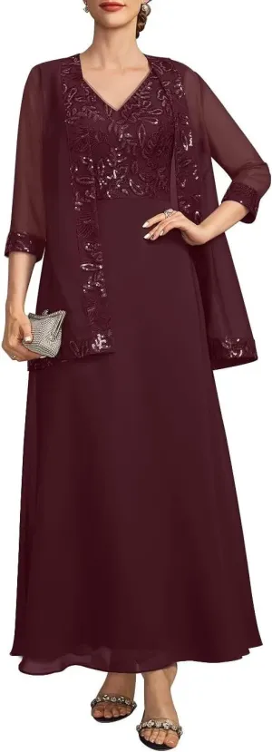 2 Piece Mother of The Bride Dresses for Wedding Long Sleeve Chiffon Wedding Guest Formal Party Gown with Jackets