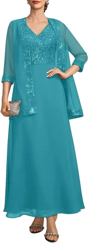 2 Piece Mother of The Bride Dresses for Wedding Long Sleeve Chiffon Wedding Guest Formal Party Gown with Jackets