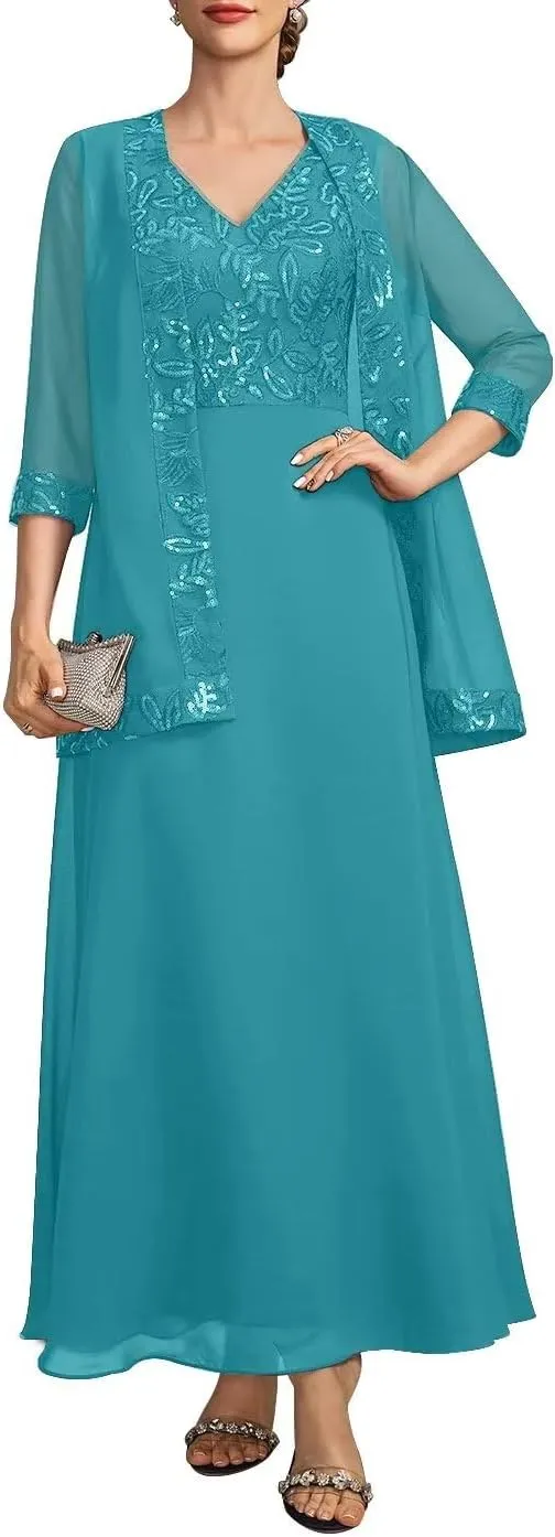 2 Piece Mother of The Bride Dresses for Wedding Long Sleeve Chiffon Wedding Guest Formal Party Gown with Jackets
