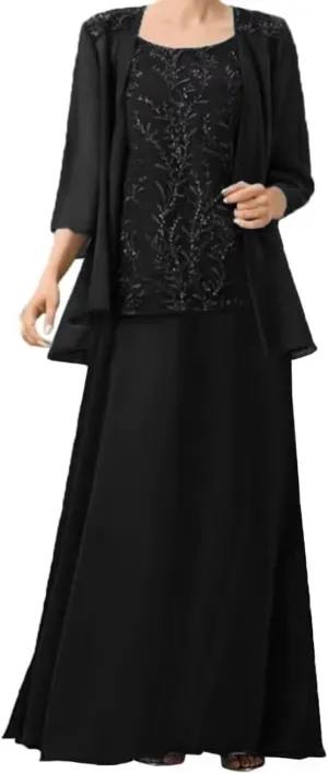 2 Pieces Mother of The Bride Dresses for Wedding Laces Appliques Chiffon Mother of The Groom Dresses with Jackets