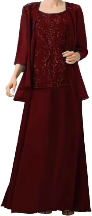 2 Pieces Mother of The Bride Dresses for Wedding Laces Appliques Chiffon Mother of The Groom Dresses with Jackets