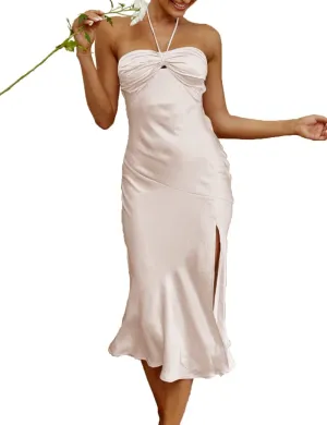 2024 Summer Satin Tube Tops Slit Wedding Guest Dress for Women Elegant Sexy Strapless Halter Neck Midi Dresses