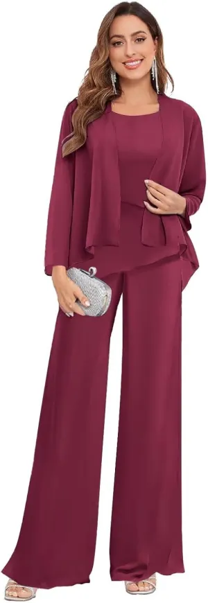 3 Piece Mother of The Bride Pant Suits for Wedding Chiffon Jackets Formal Pantsuits for Women Dressy