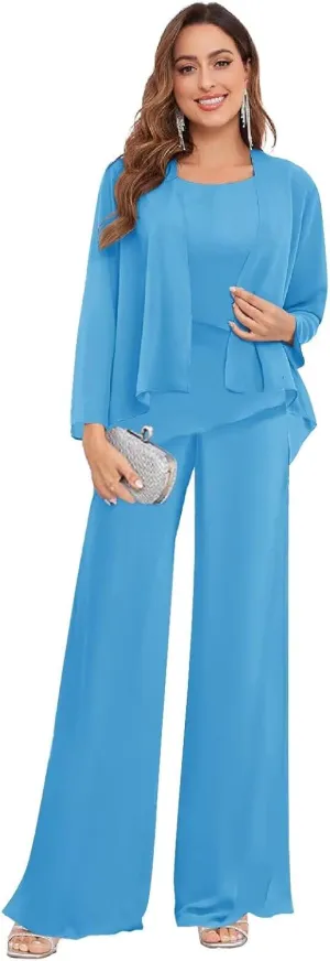 3 Piece Mother of The Bride Pant Suits for Wedding Chiffon Jackets Formal Pantsuits for Women Dressy