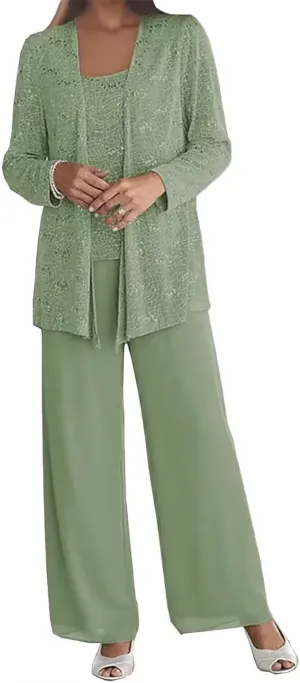 3 Pieces Dressy Pantsuits for Wedding Guest Chiffon Lace Mother of The Bride Pants Suits with Jackets