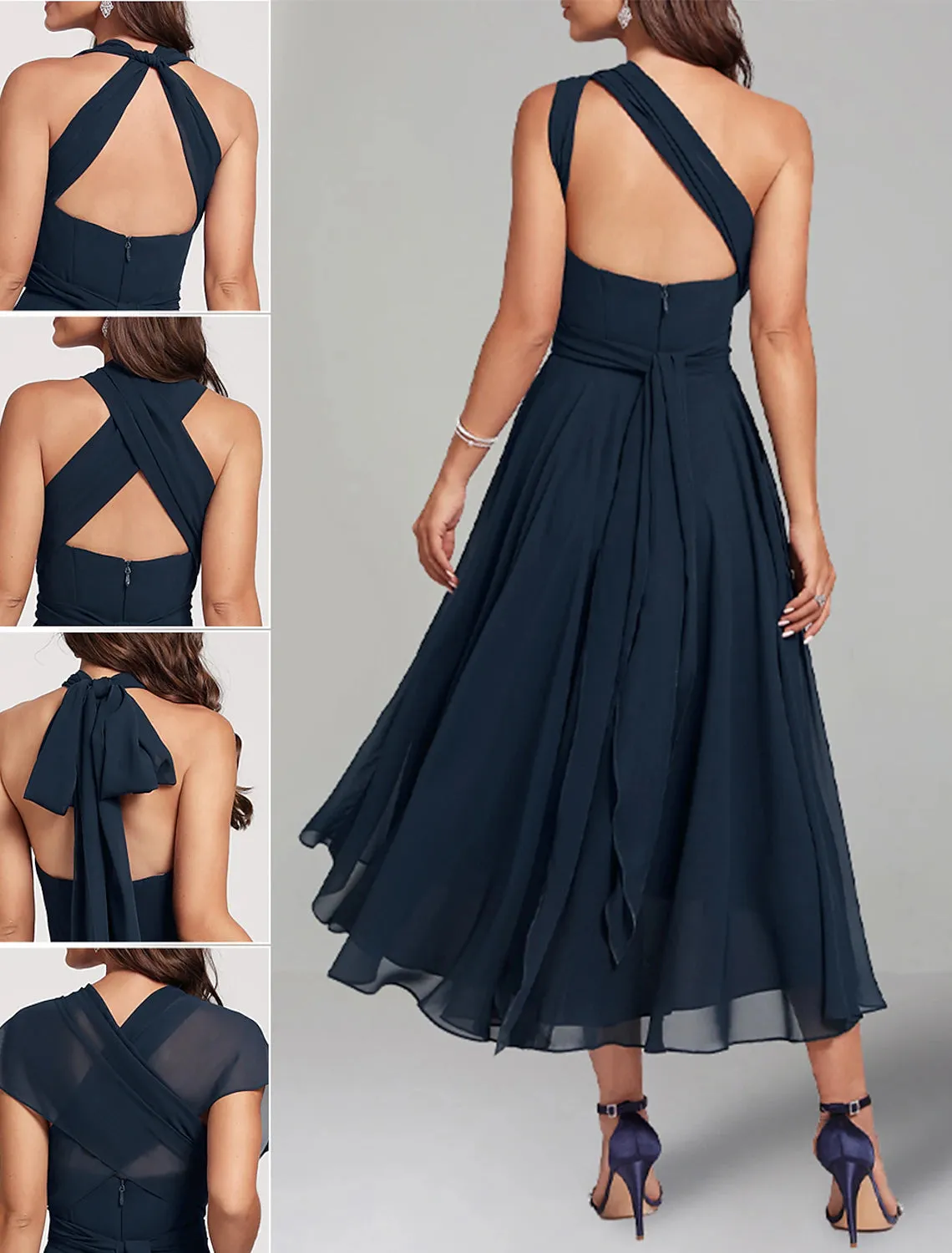 A-Line Wedding Guest Dresses Elegant Dress Formal Wedding Party Tea Length Sleeveless One Shoulder Fall Wedding Guest Chiffon with Ruched