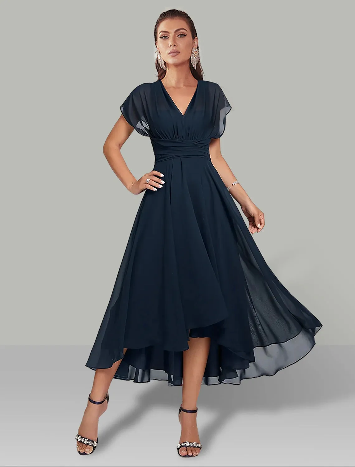 A-Line Wedding Guest Dresses Elegant Dress Formal Wedding Party Tea Length Sleeveless One Shoulder Fall Wedding Guest Chiffon with Ruched
