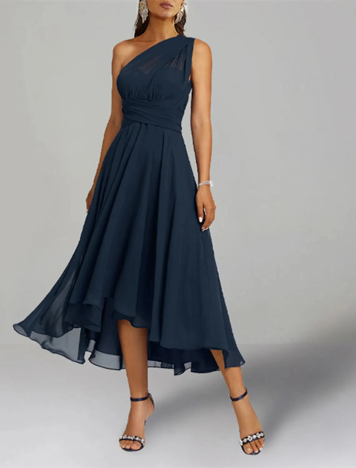 A-Line Wedding Guest Dresses Elegant Dress Formal Wedding Party Tea Length Sleeveless One Shoulder Fall Wedding Guest Chiffon with Ruched