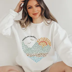 Adventure Awaits Women's Winter Unisex Size Crewneck Sweatshirt Mountains Landscape on a Cozy White Sand or Ash Pullover