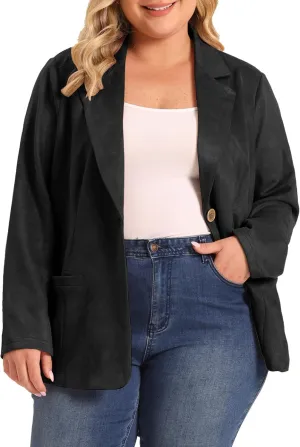 Agnes Orinda Plus Size Faux Suede Jacket for Women Lapel Collar Button Front Long Sleeve Work Casual Blazer Jackets