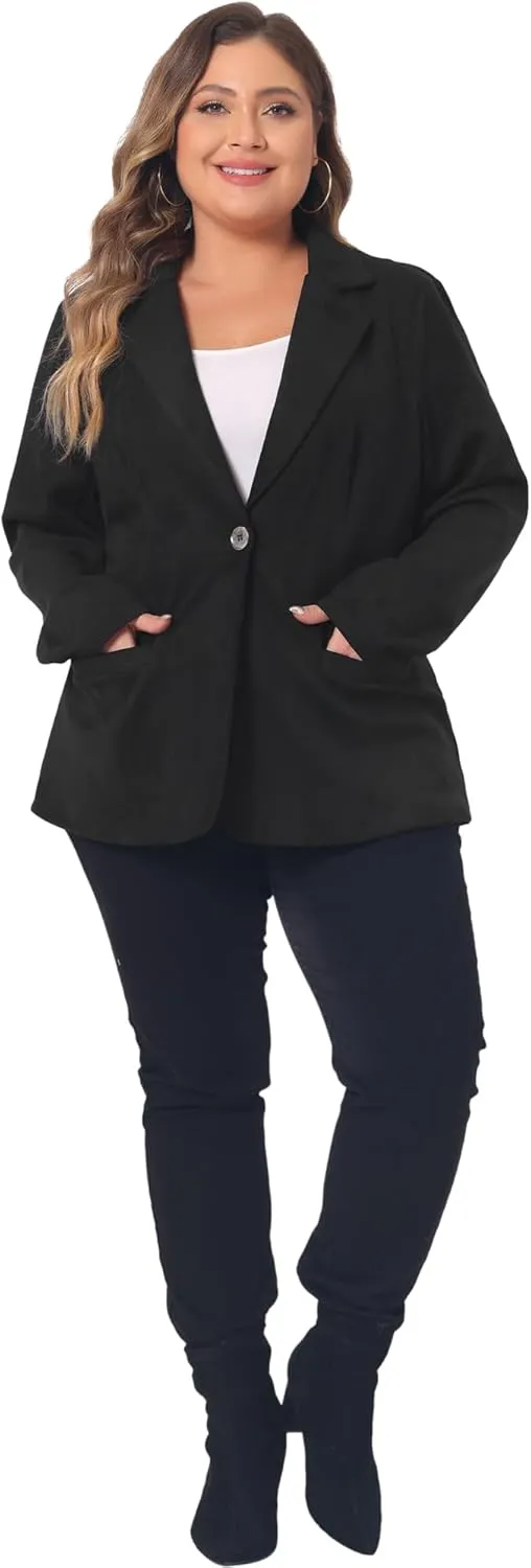 Agnes Orinda Plus Size Faux Suede Jacket for Women Lapel Collar Button Front Long Sleeve Work Casual Blazer Jackets