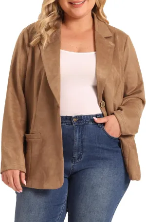 Agnes Orinda Plus Size Faux Suede Jacket for Women Lapel Collar Button Front Long Sleeve Work Casual Blazer Jackets