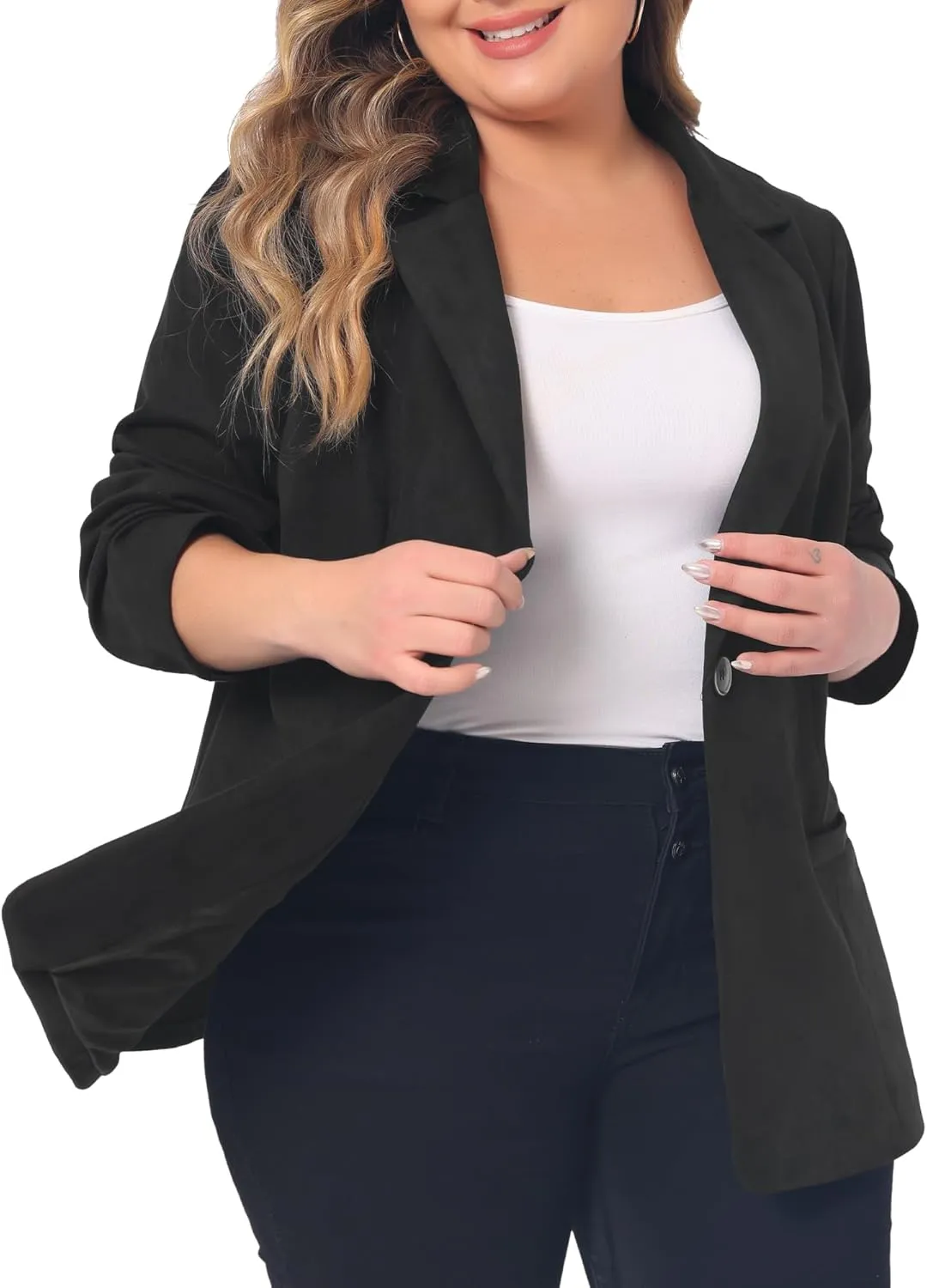 Agnes Orinda Plus Size Faux Suede Jacket for Women Lapel Collar Button Front Long Sleeve Work Casual Blazer Jackets