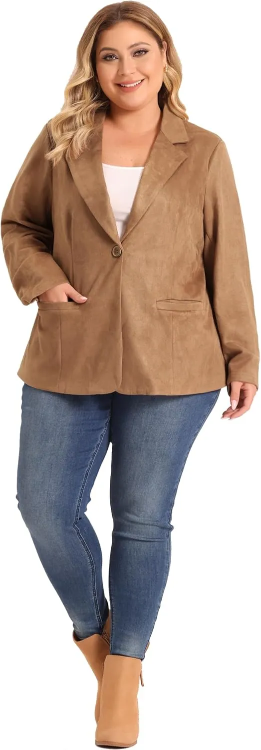 Agnes Orinda Plus Size Faux Suede Jacket for Women Lapel Collar Button Front Long Sleeve Work Casual Blazer Jackets