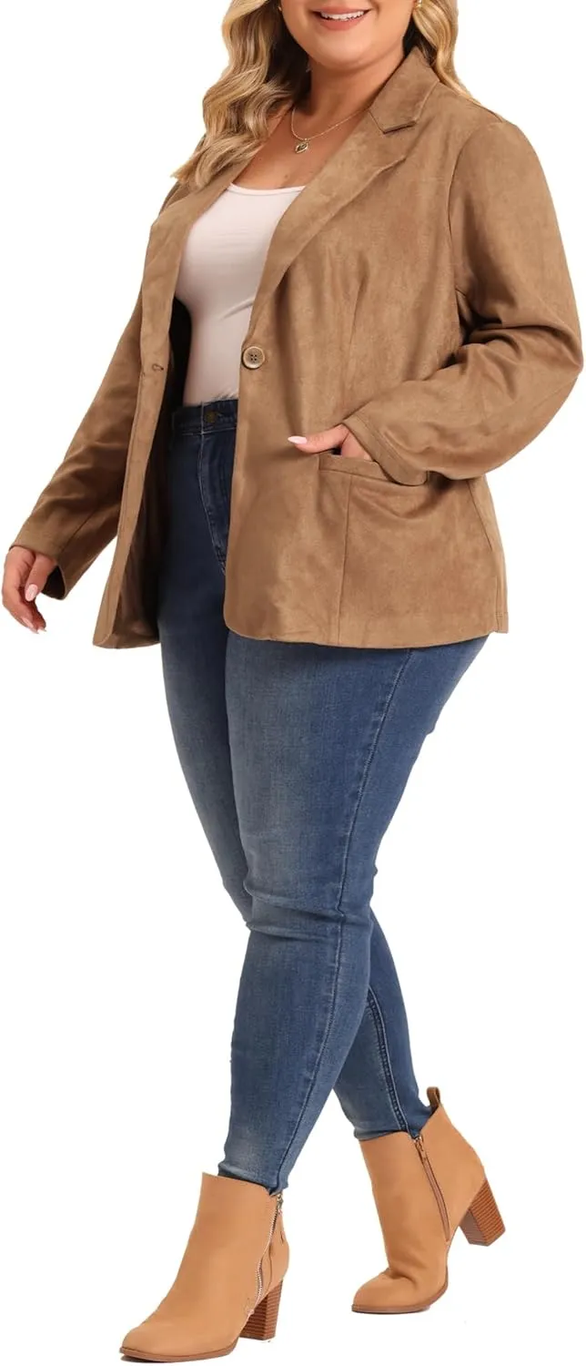 Agnes Orinda Plus Size Faux Suede Jacket for Women Lapel Collar Button Front Long Sleeve Work Casual Blazer Jackets