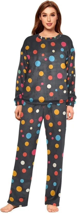 ALAZA Bright Polka Dots Colorful Women's Pajama Set Long Sleeve Top Drawstring Pockets Pants Warm Cozy Loungewear,S