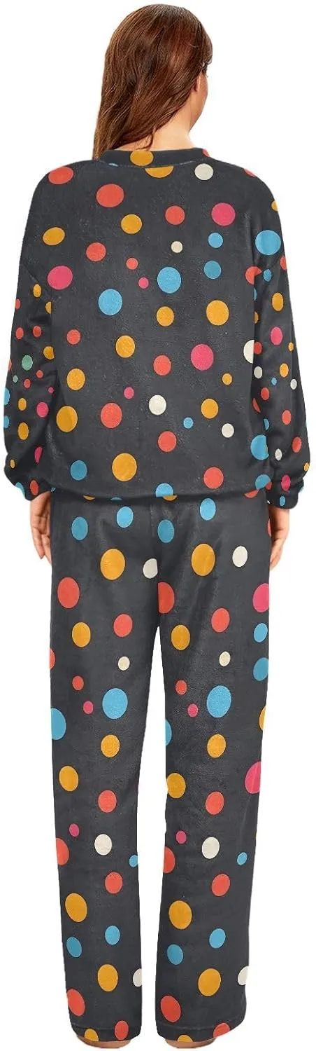 ALAZA Bright Polka Dots Colorful Women's Pajama Set Long Sleeve Top Drawstring Pockets Pants Warm Cozy Loungewear,S