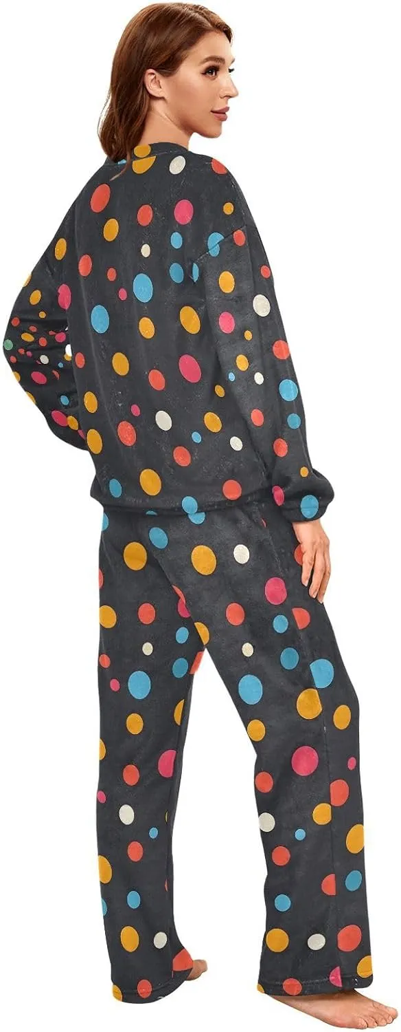 ALAZA Bright Polka Dots Colorful Women's Pajama Set Long Sleeve Top Drawstring Pockets Pants Warm Cozy Loungewear,S