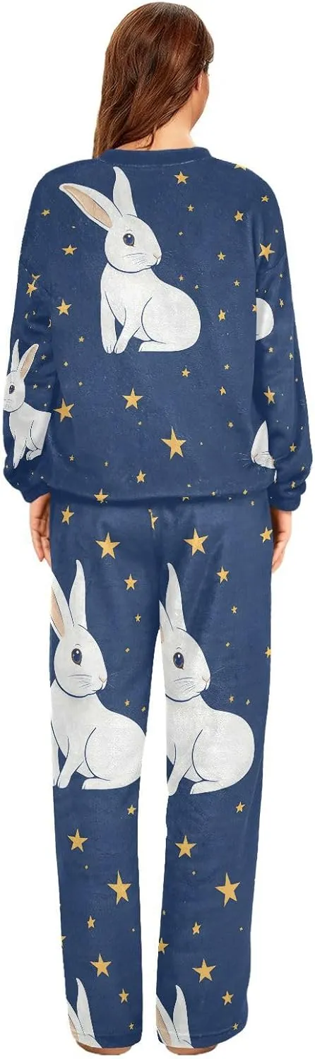 ALAZA Rabbit Stars Navy Women's Pajama Set Long Sleeve Top Drawstring Pockets Pants Warm Cozy Loungewear,S