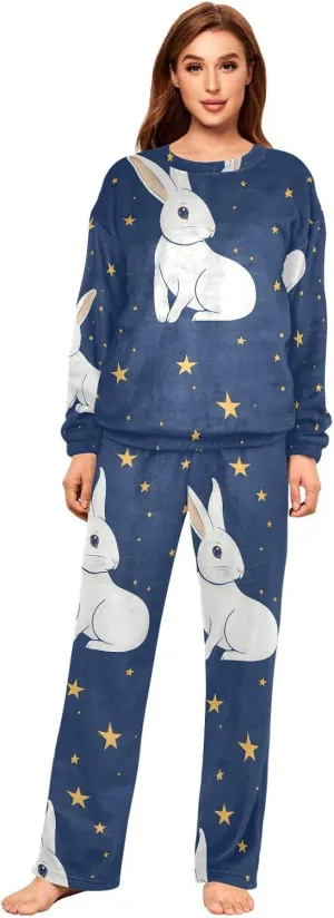ALAZA Rabbit Stars Navy Women's Pajama Set Long Sleeve Top Drawstring Pockets Pants Warm Cozy Loungewear,S