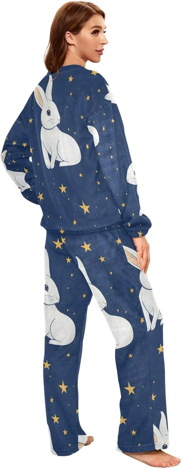 ALAZA Rabbit Stars Navy Women's Pajama Set Long Sleeve Top Drawstring Pockets Pants Warm Cozy Loungewear,S