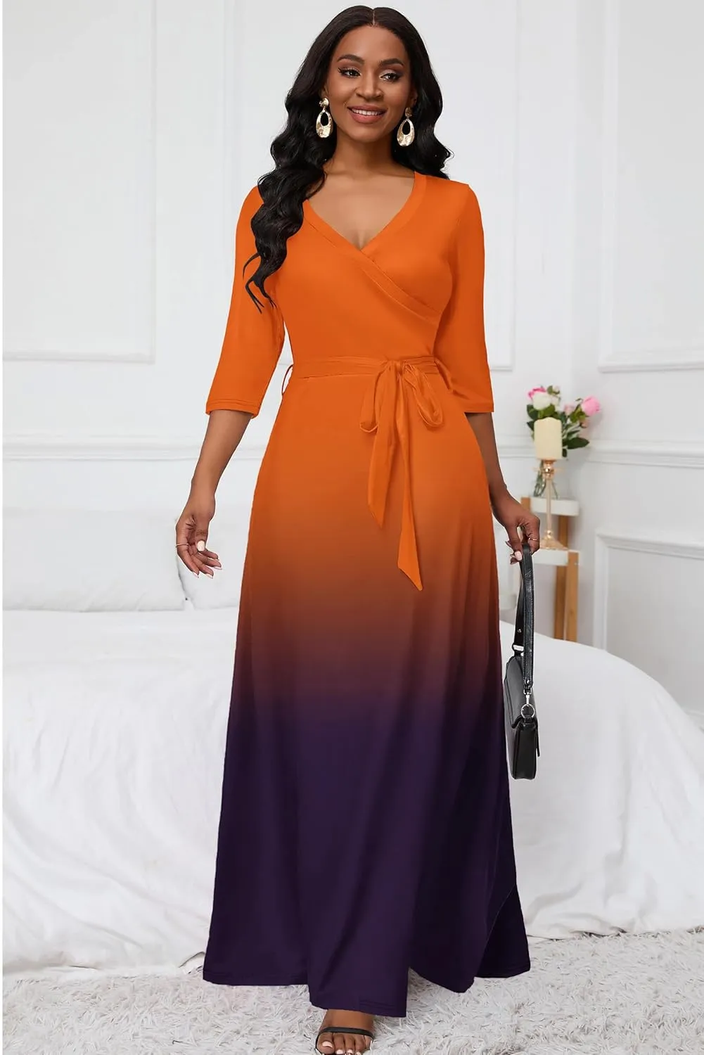 AOMONI Maxi Dress for Women Gradient Casual Long Sundress V Neck 3/4 Sleeves with Belt