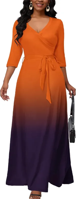 AOMONI Maxi Dress for Women Gradient Casual Long Sundress V Neck 3/4 Sleeves with Belt