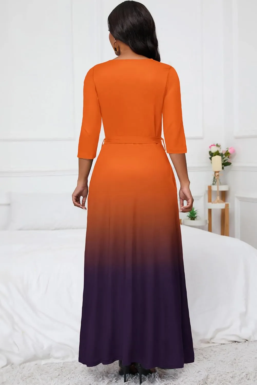 AOMONI Maxi Dress for Women Gradient Casual Long Sundress V Neck 3/4 Sleeves with Belt