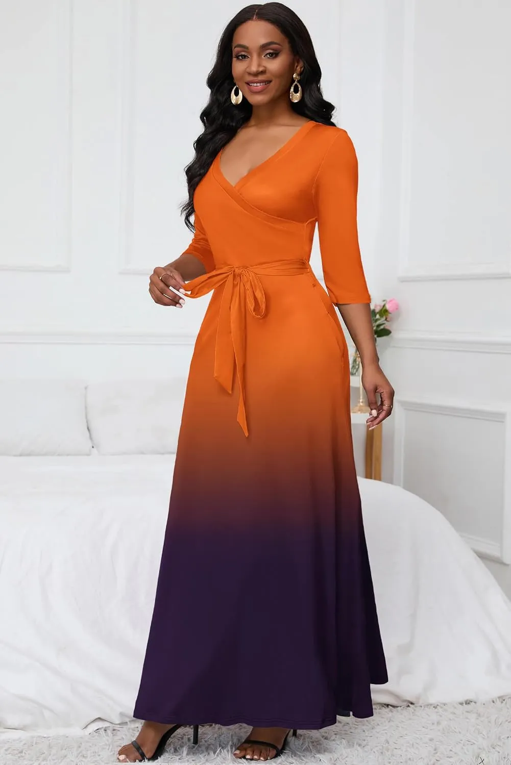 AOMONI Maxi Dress for Women Gradient Casual Long Sundress V Neck 3/4 Sleeves with Belt