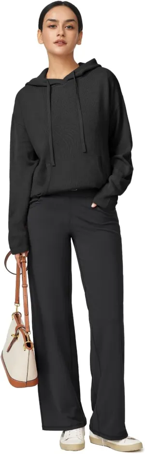 Arach&Cloz Womens 2023 Two Piece Outfits Knit Sweaters Hoodies and Wide Leg Yoga Pants Tracksuit Lounge Sets with Pockets
