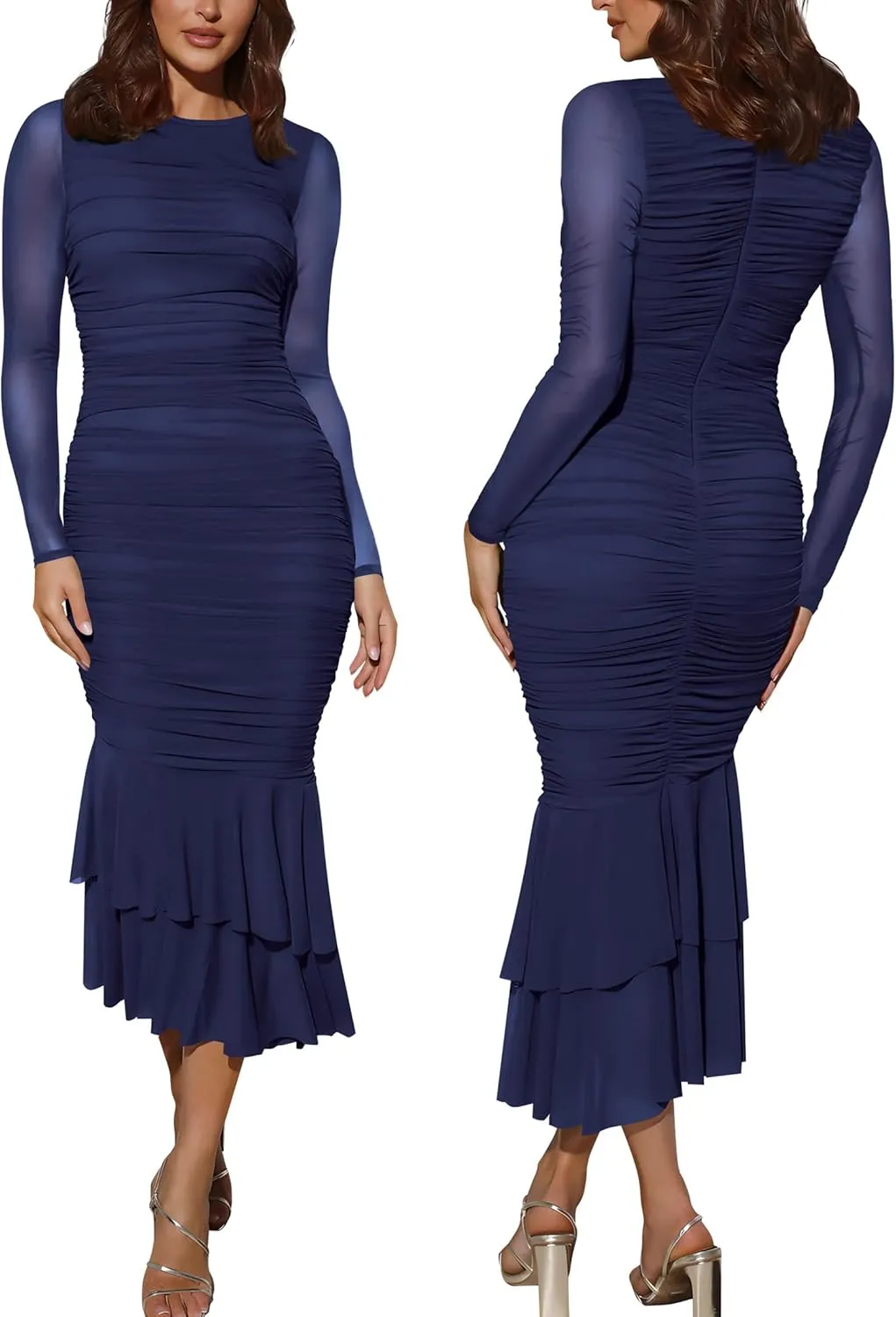 Atizon Elegant Ruched Bodycon Evening Dresses for Women Cocktail Party Formal Maxi Mermaid Dress