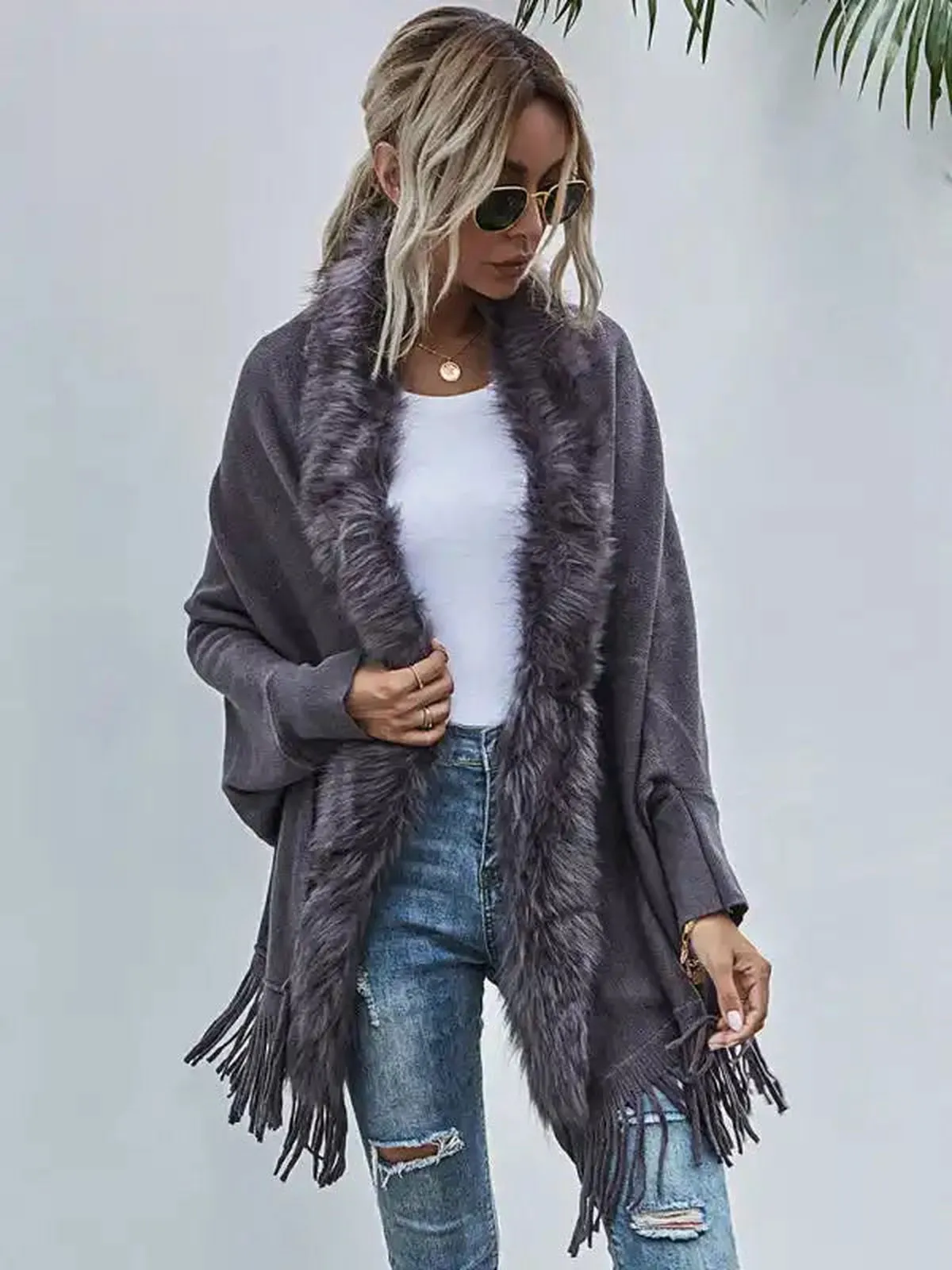 Autumn Winter Fur Collar Shawl Cardigan Wool Coat