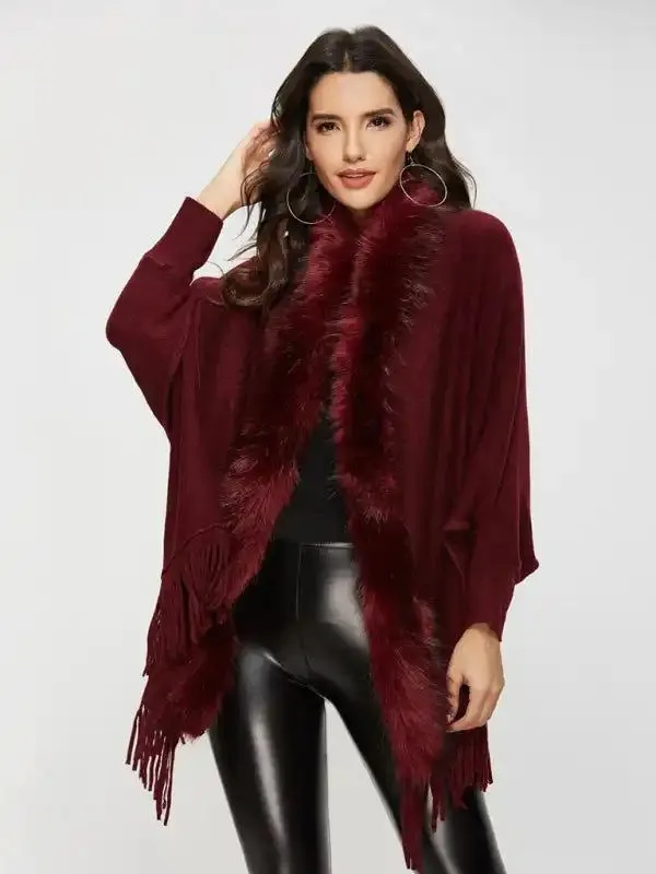 Autumn Winter Fur Collar Shawl Cardigan Wool Coat