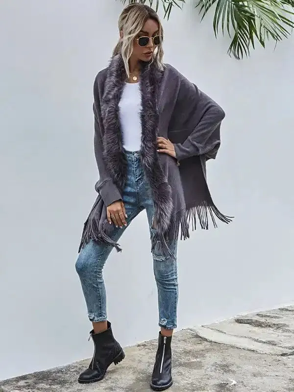 Autumn Winter Fur Collar Shawl Cardigan Wool Coat