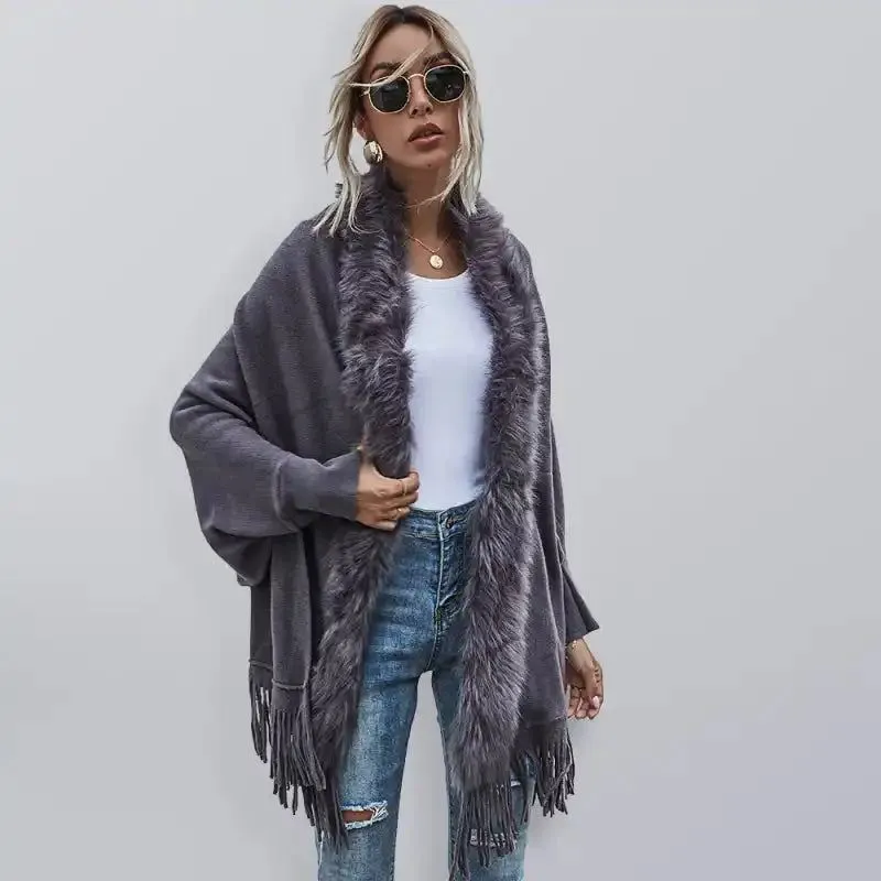 Autumn Winter Fur Collar Shawl Cardigan Wool Coat