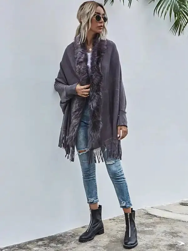 Autumn Winter Fur Collar Shawl Cardigan Wool Coat