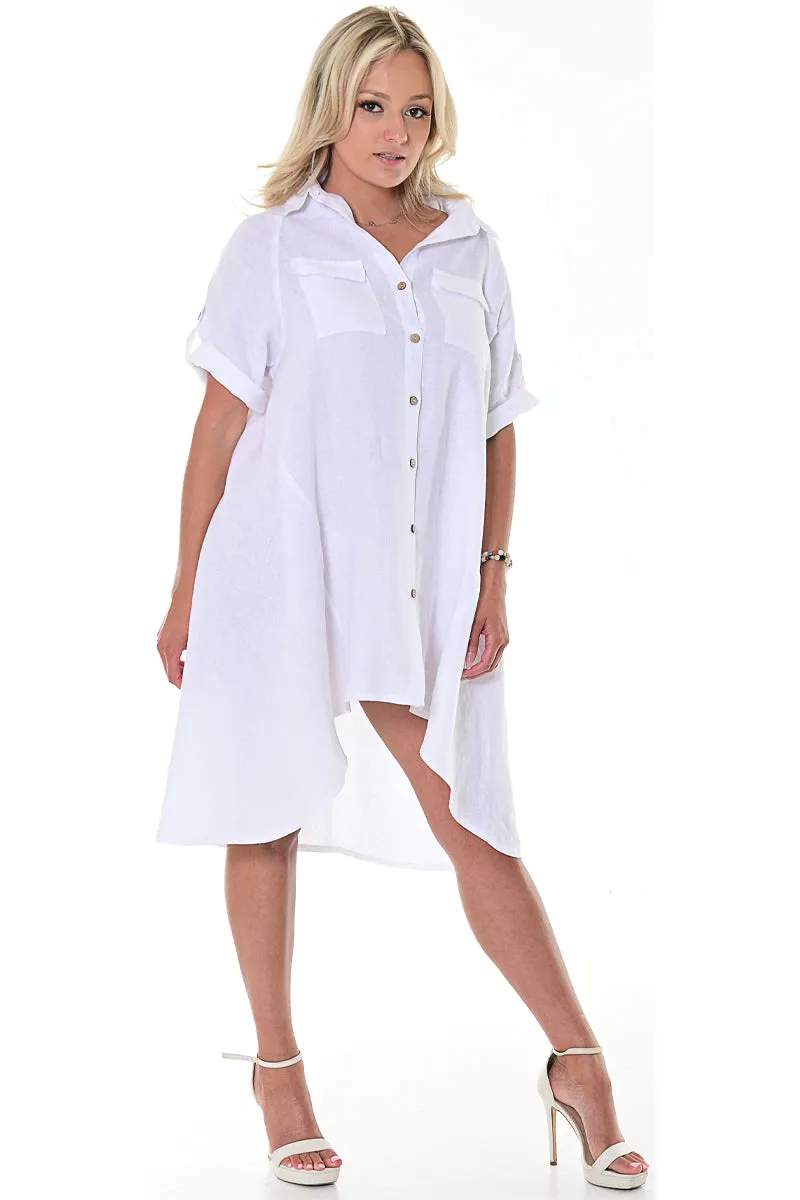 Azucar Ladies 100% Linen Dress w/Roll-Up Sleeve Button Down Collar Front in (4) Colors- LLWD107
