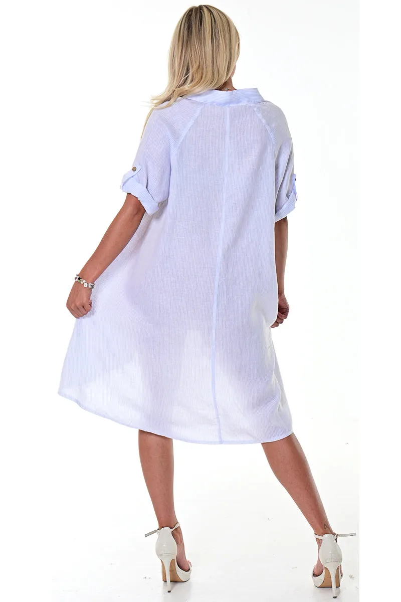 Azucar Ladies 100% Linen Dress w/Roll-Up Sleeve Button Down Collar Front in (4) Colors- LLWD107