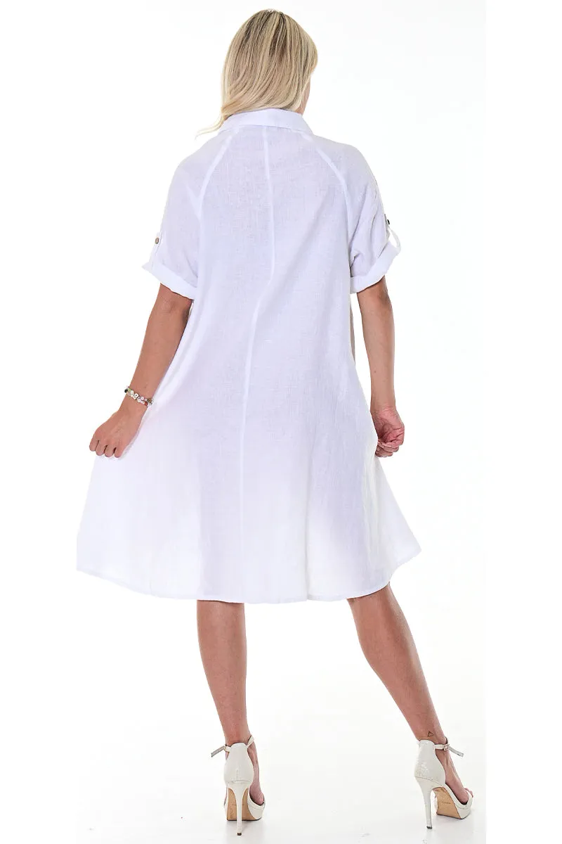 Azucar Ladies 100% Linen Dress w/Roll-Up Sleeve Button Down Collar Front in (4) Colors- LLWD107