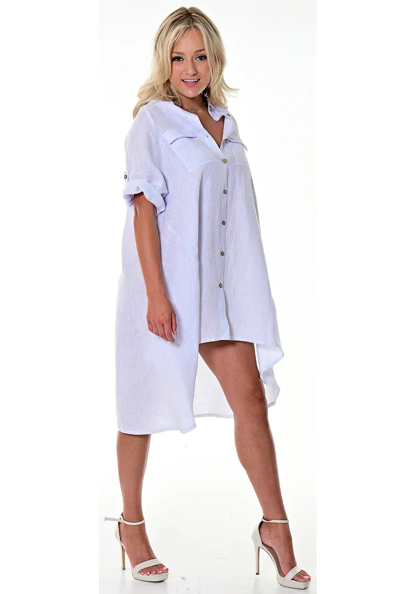 Azucar Ladies 100% Linen Dress w/Roll-Up Sleeve Button Down Collar Front in (4) Colors- LLWD107