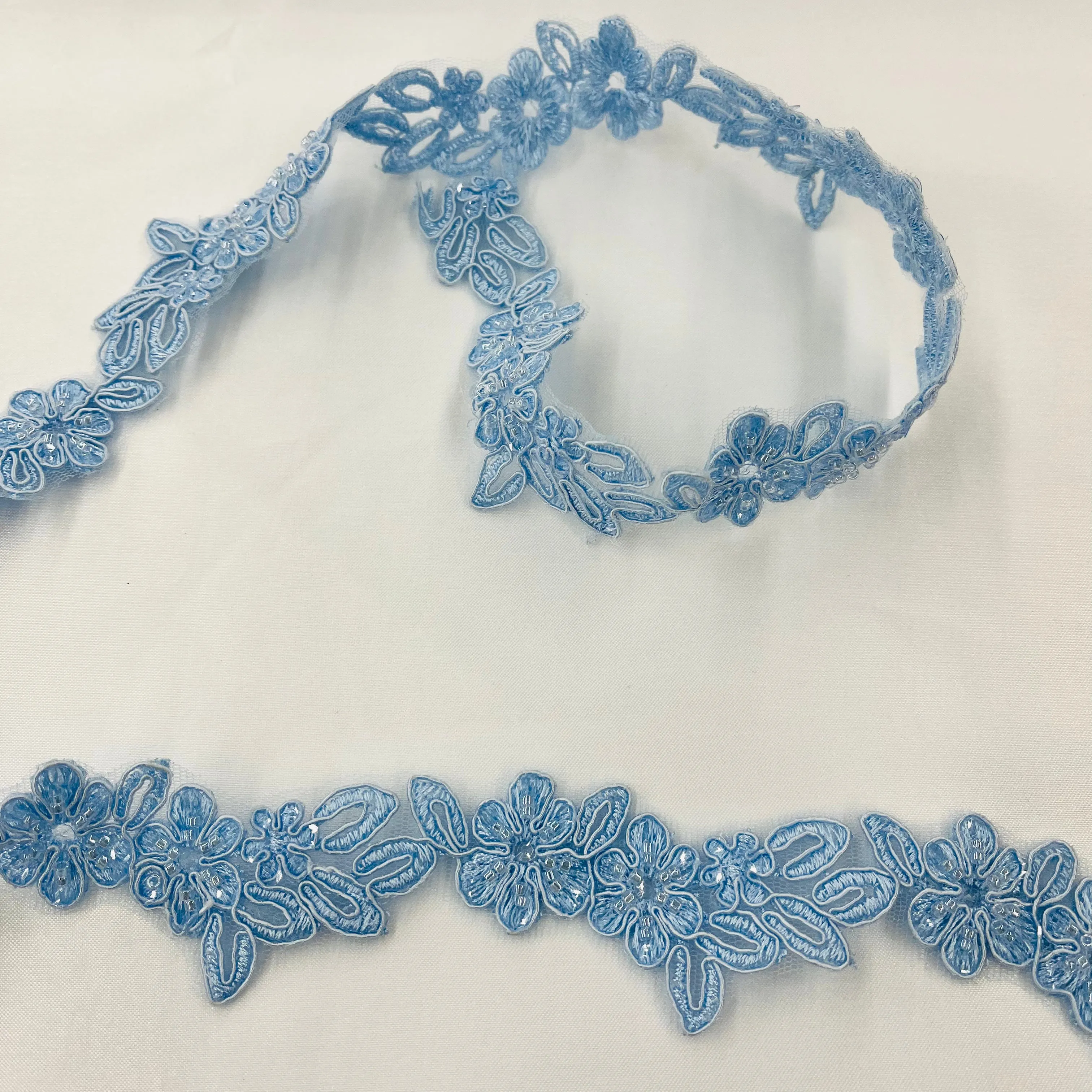Beaded & Corded Lace Trimming Embroidered on 100% Polyester Net | Lace USA - 96277W-BP