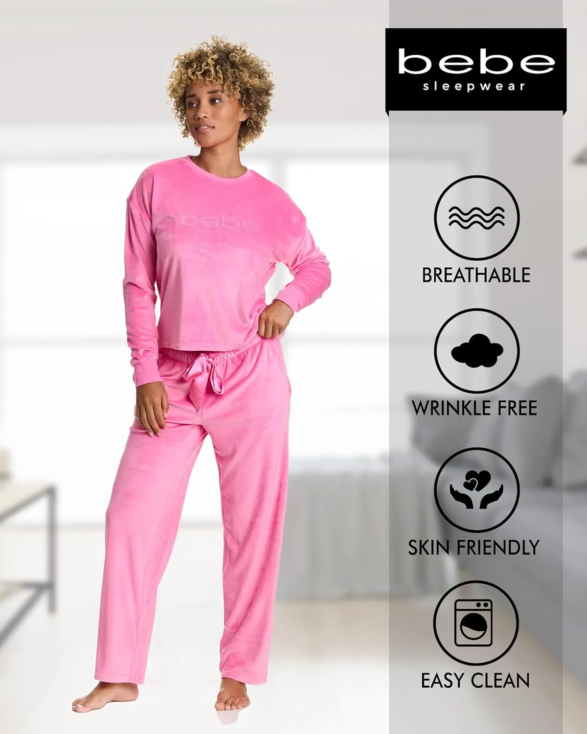 bebe Women's Velour Rhinestone Crewneck Pajama Set  Long Sleeve Cozy Lounge Set with Elastic Waist Pants