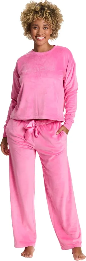 bebe Women's Velour Rhinestone Crewneck Pajama Set  Long Sleeve Cozy Lounge Set with Elastic Waist Pants