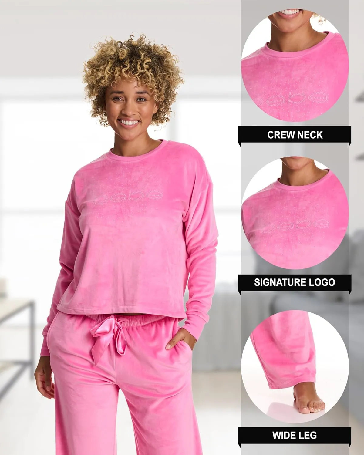 bebe Women's Velour Rhinestone Crewneck Pajama Set  Long Sleeve Cozy Lounge Set with Elastic Waist Pants