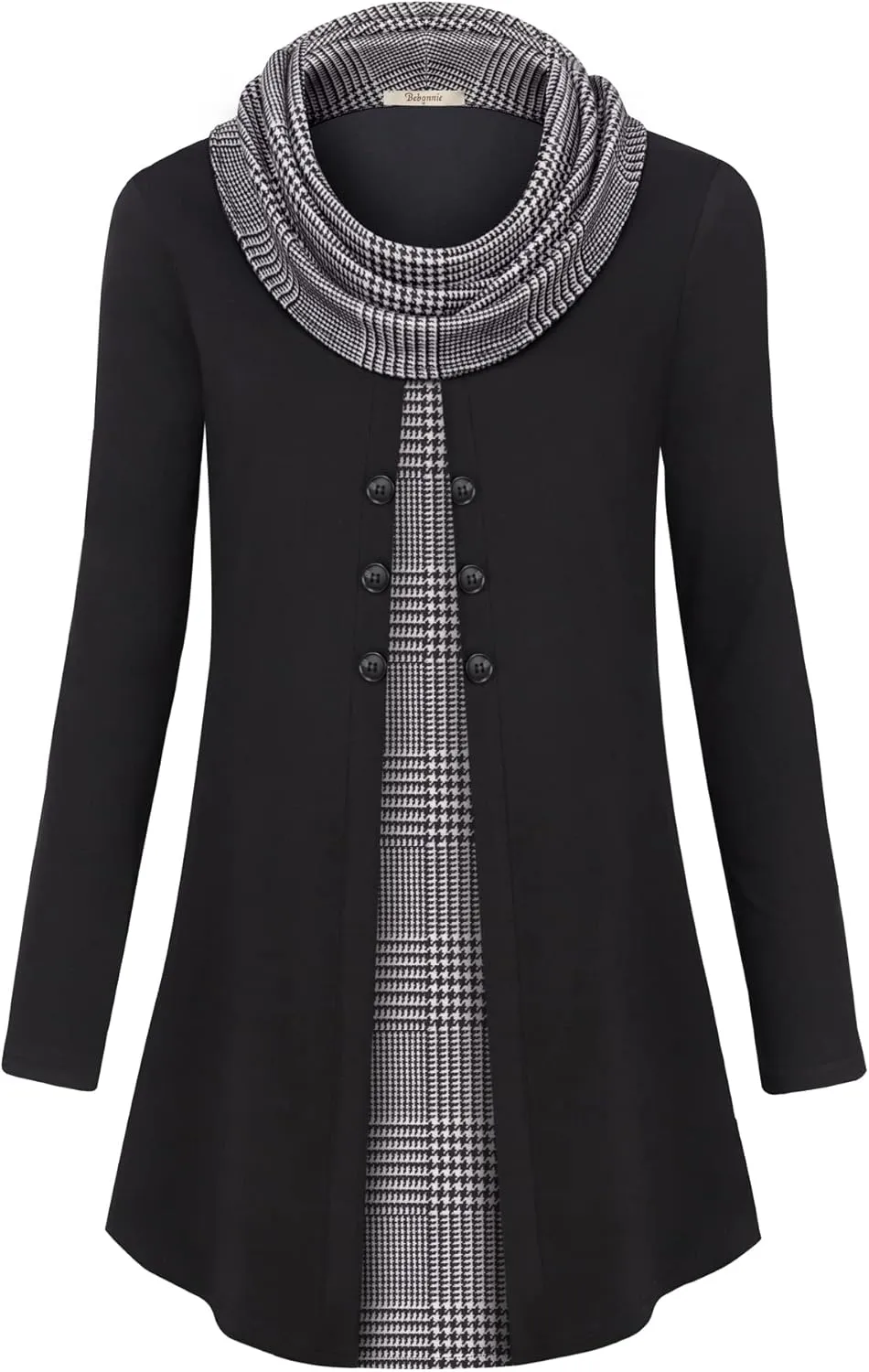 Bebonnie Womens Long Sleeve Cowl Neck Warm Splicing Tunic Tops with Buttons