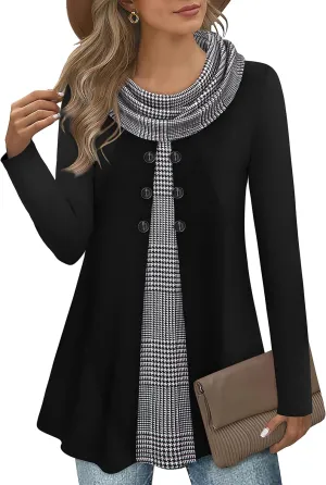 Bebonnie Womens Long Sleeve Cowl Neck Warm Splicing Tunic Tops with Buttons