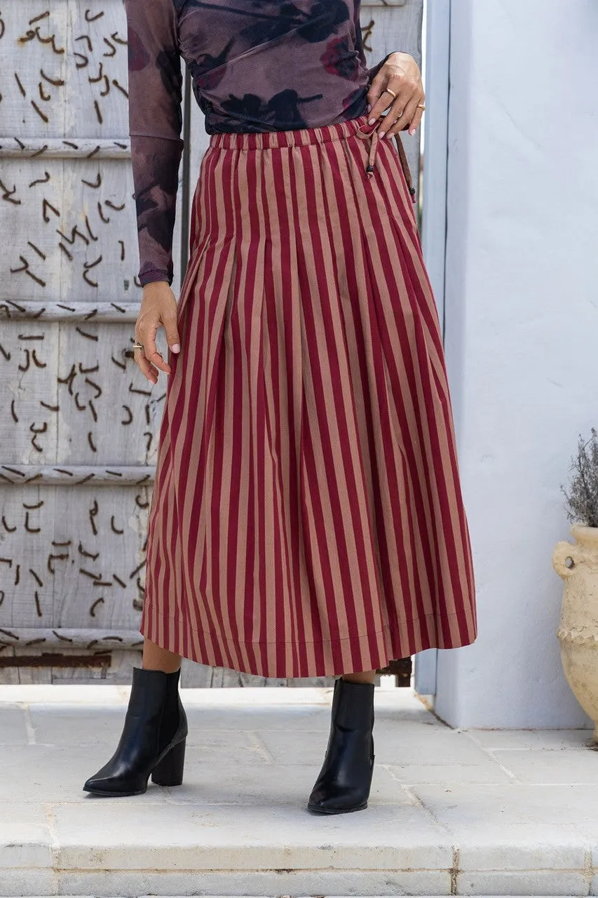 Belmond Striped Pleated Skirt - Mocha/Mulberry