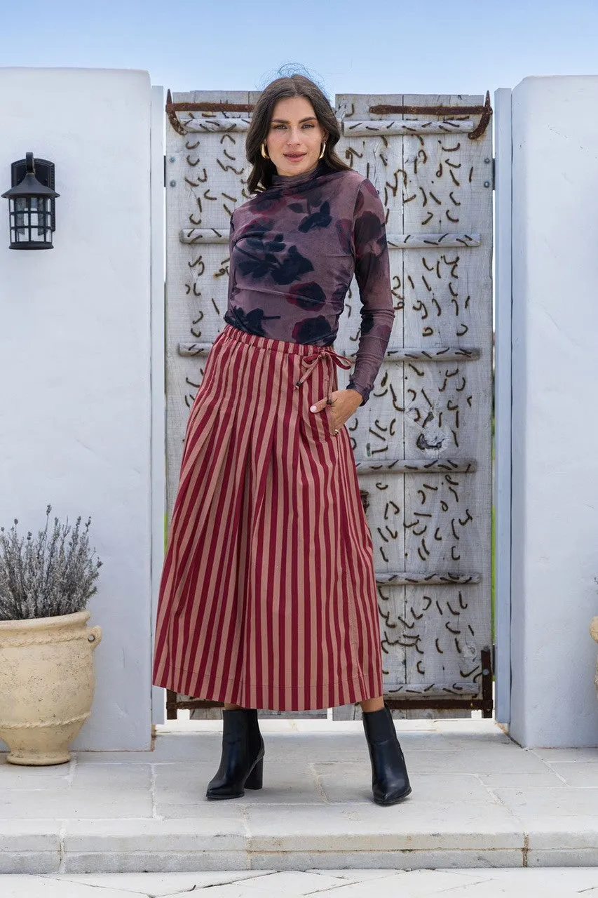 Belmond Striped Pleated Skirt - Mocha/Mulberry