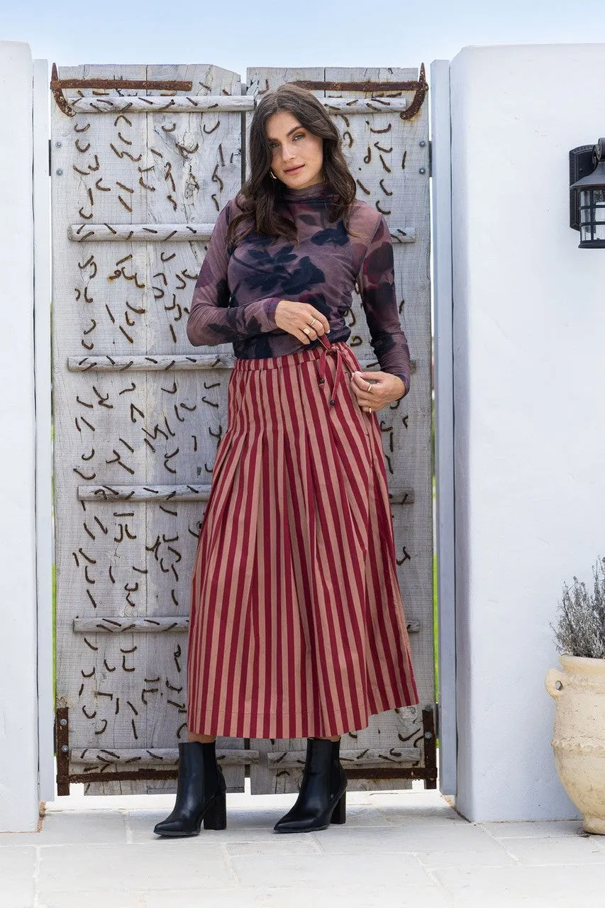 Belmond Striped Pleated Skirt - Mocha/Mulberry