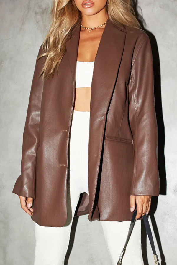 Bjlxn - Black Fashion Elegant Solid Pocket Buckle Turn-back Collar Outerwear